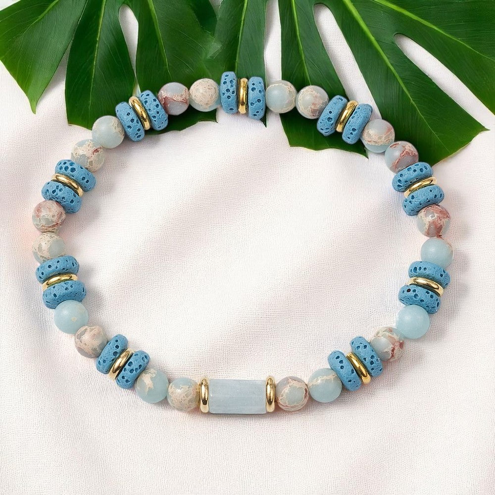Natural Lava Rock, Synthetic Aqua Terra Jasper and Natural Aquamarine Beads Stretch Bracelets, light blue