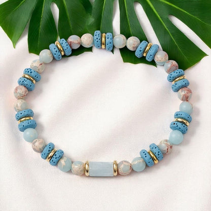 Natural Lava Rock, Synthetic Aqua Terra Jasper and Natural Aquamarine Beads Stretch Bracelets, light blue
