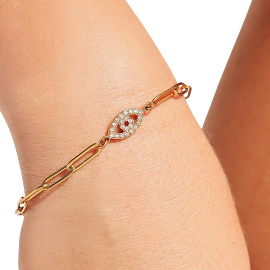 Evil Eye Paperclip Chain Bracelet 18K Gold Stainless Steel