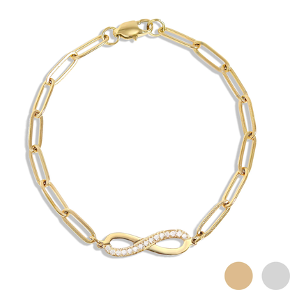 Infinity Paperclip Chain Bracelet, 18K Gold Plated Stainless Steel and Cubic Zirconia