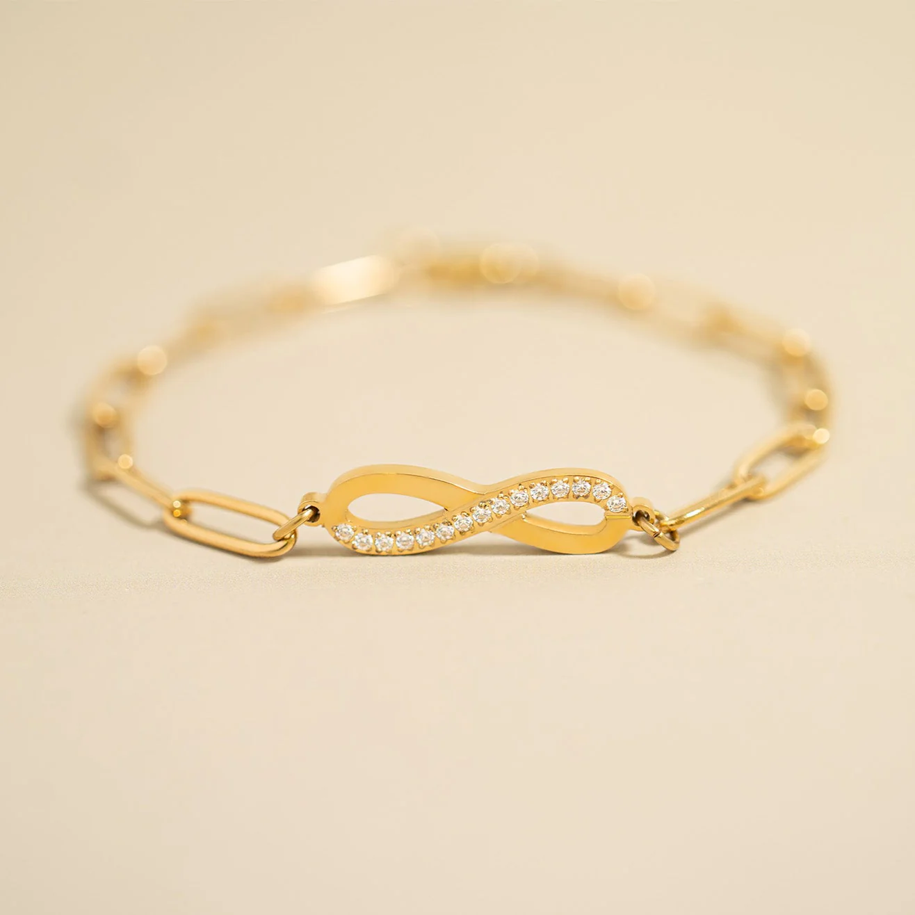 Infinity Paperclip Chain Bracelet, 18K Gold Plated Stainless Steel and Cubic Zirconia