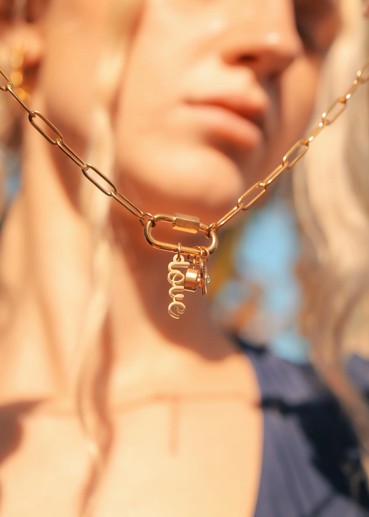 Carabiner Love Charm Bar Paperclip Necklace 18K Gold Plated Stainless Steel, 18"