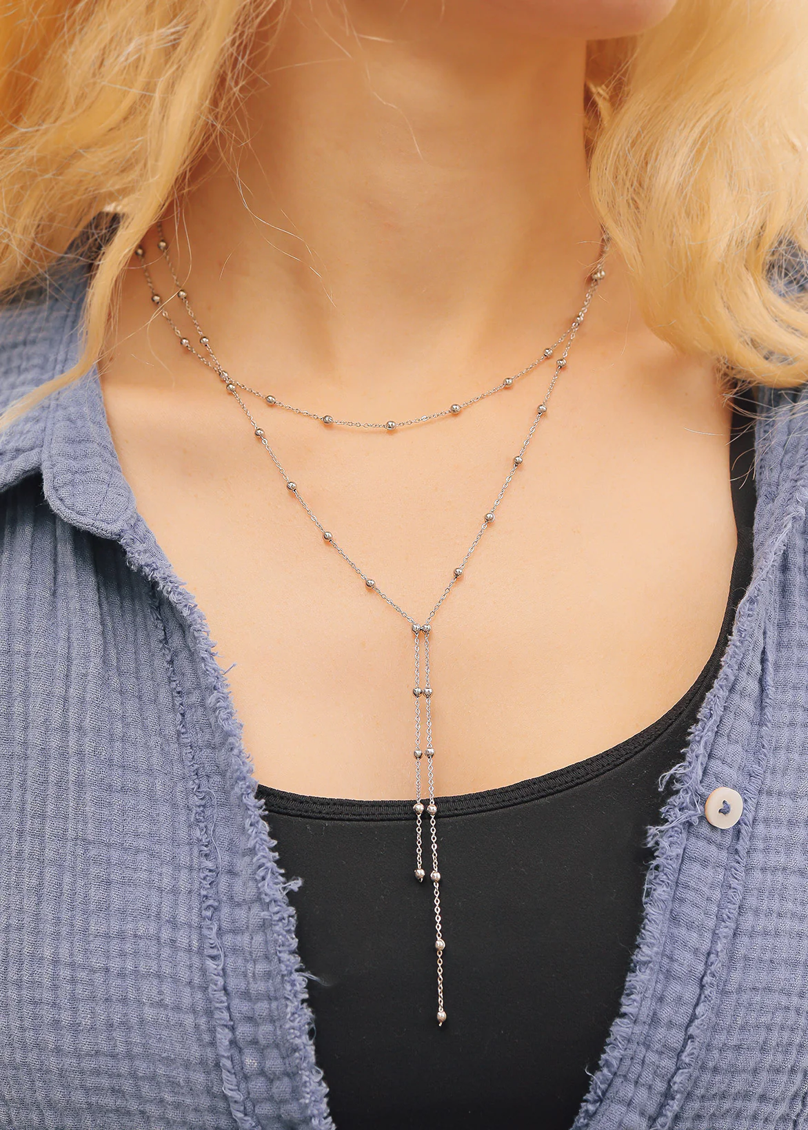 Satellite Layered Lariat Necklace, 18K gold plated stainless steel