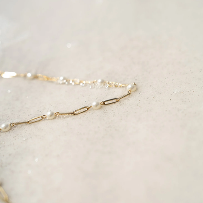 Pearl Station Paperclip Chain Necklace, 18K Gold Plated, Stainless Steel