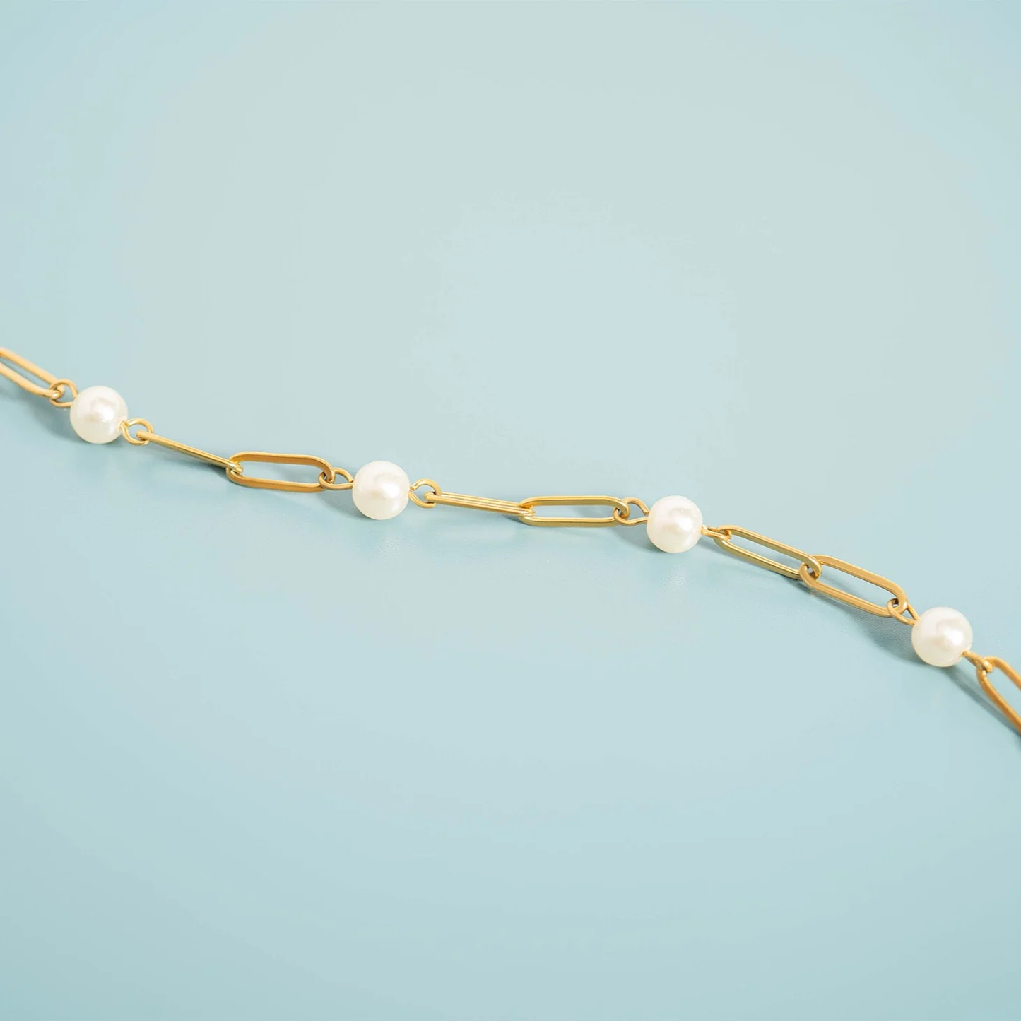 Pearl Station Paperclip Chain Necklace, 18K Gold Plated, Stainless Steel