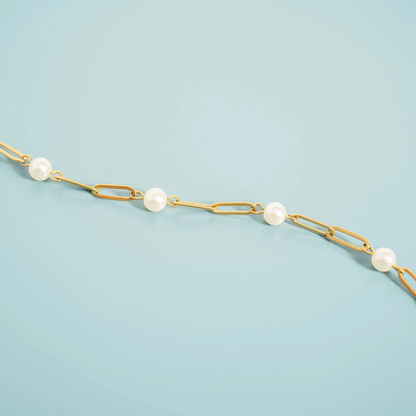 Pearl Station Paperclip Chain Necklace, 18K Gold Plated, Stainless Steel