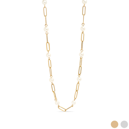 Pearl Station Paperclip Chain Necklace, 18K Gold Plated, Stainless Steel