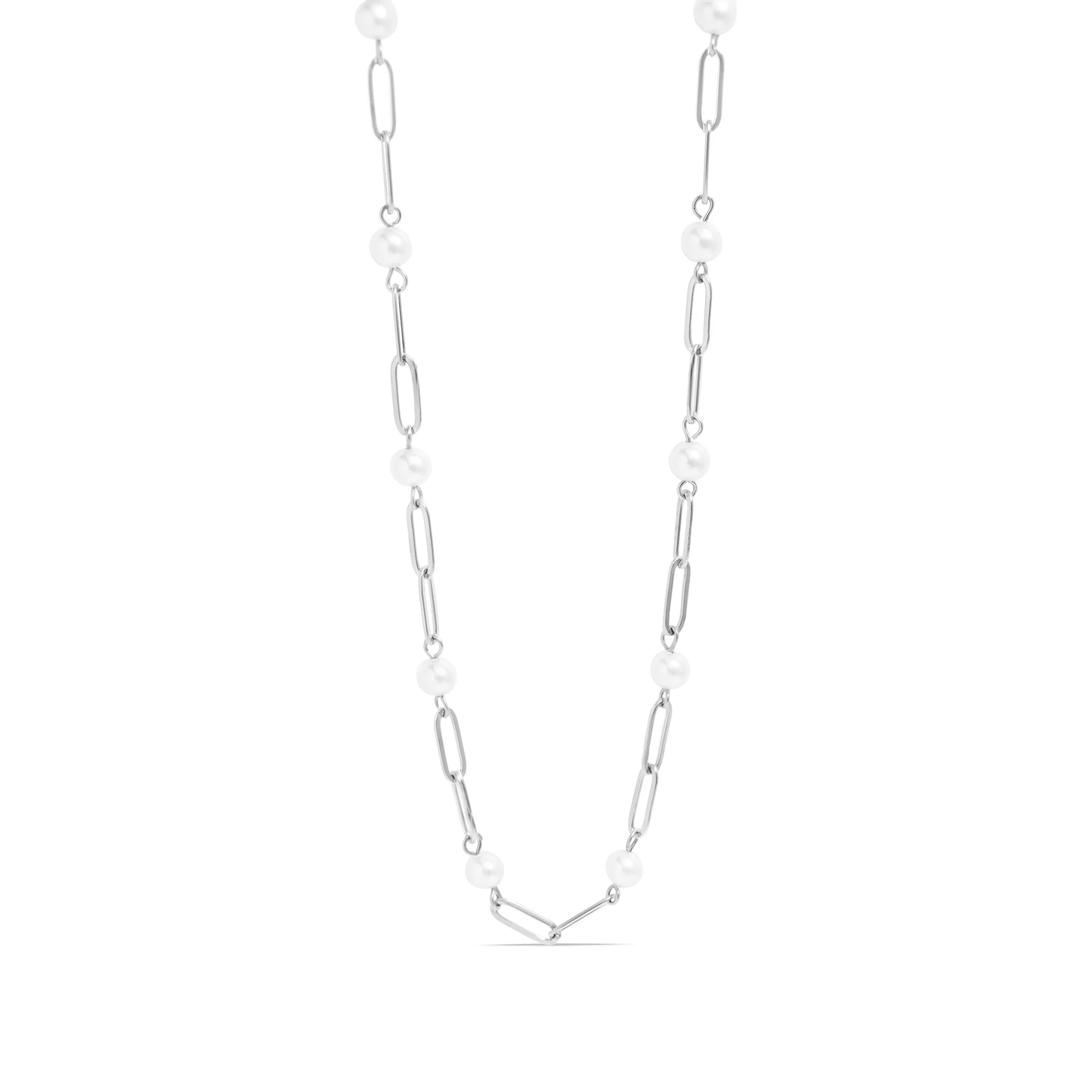 Pearl Station Paperclip Chain Necklace, 18K Gold Plated, Stainless Steel
