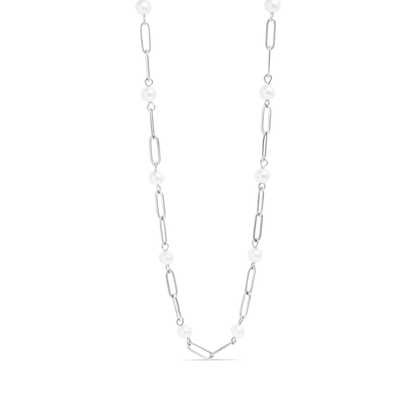 Pearl Station Paperclip Chain Necklace, 18K Gold Plated, Stainless Steel