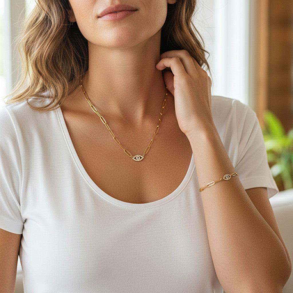 Evil Eye Paperclip Chain Necklace 18K Gold Stainless Steel