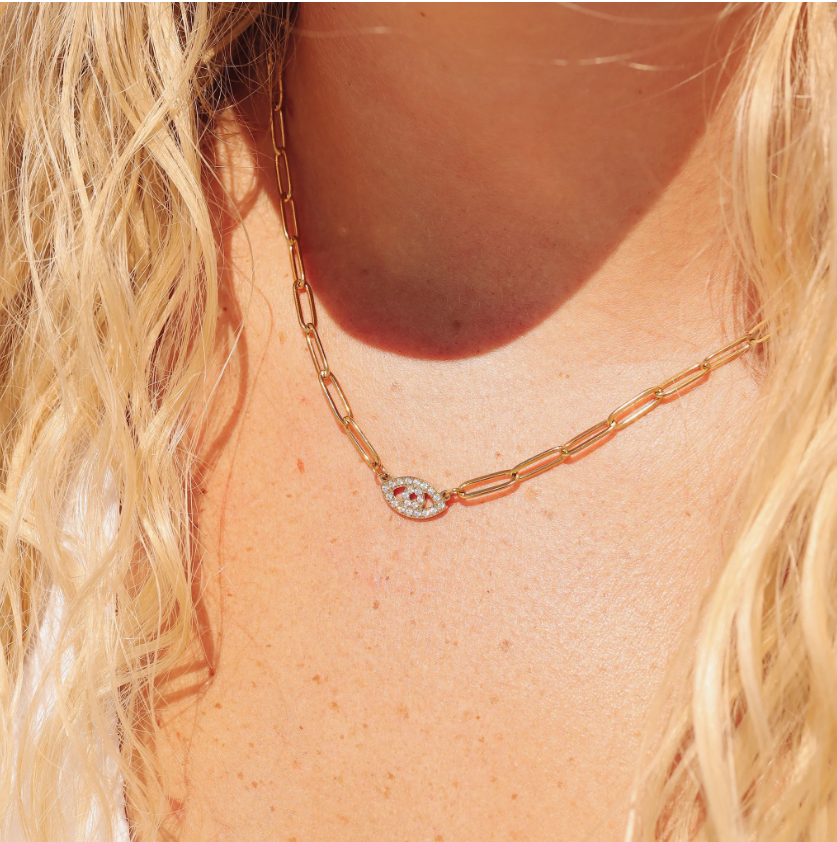 Evil Eye Paperclip Chain Necklace 18K Gold Stainless Steel