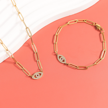 Evil Eye Paperclip Chain Necklace 18K Gold Stainless Steel