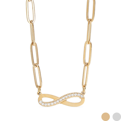 Infinity Paperclip Chain Necklace, 18K Gold Plated Stainless Steel and Cubic Zirconia
