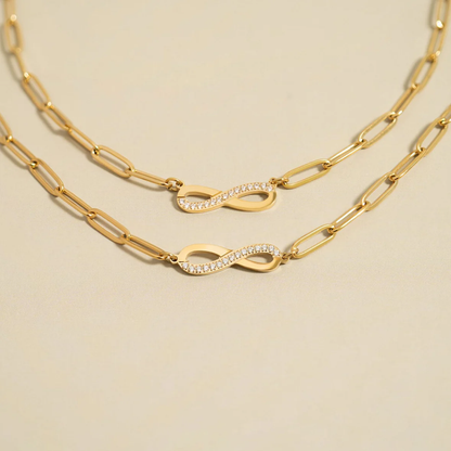 Infinity Paperclip Chain Necklace, 18K Gold Plated Stainless Steel and Cubic Zirconia
