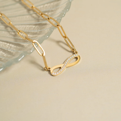 Infinity Paperclip Chain Necklace, 18K Gold Plated Stainless Steel and Cubic Zirconia
