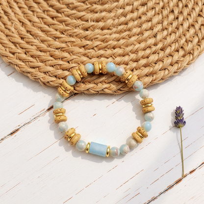 Natural Yellow Lava Rock and Synthetic Aqua Terra Jasper plus Natural Aquamarine Beads Stretch Bracelet