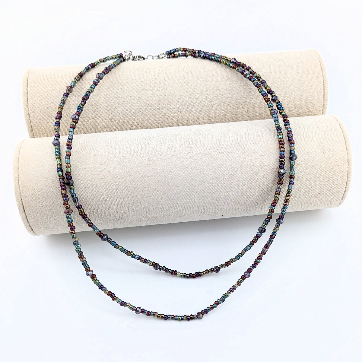 Double strand seed bead and crystal beads necklace
