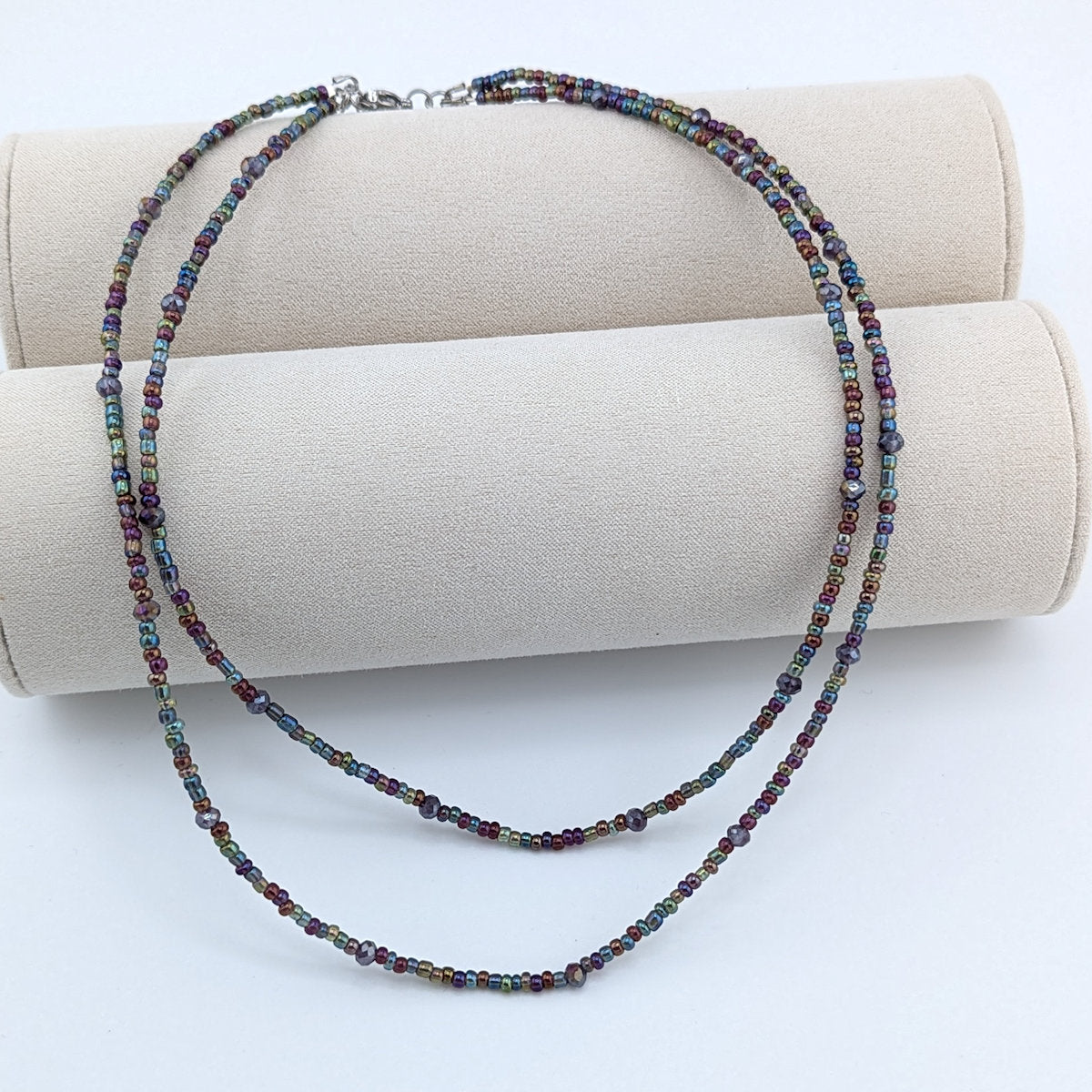 Double strand seed bead and crystal beads necklace