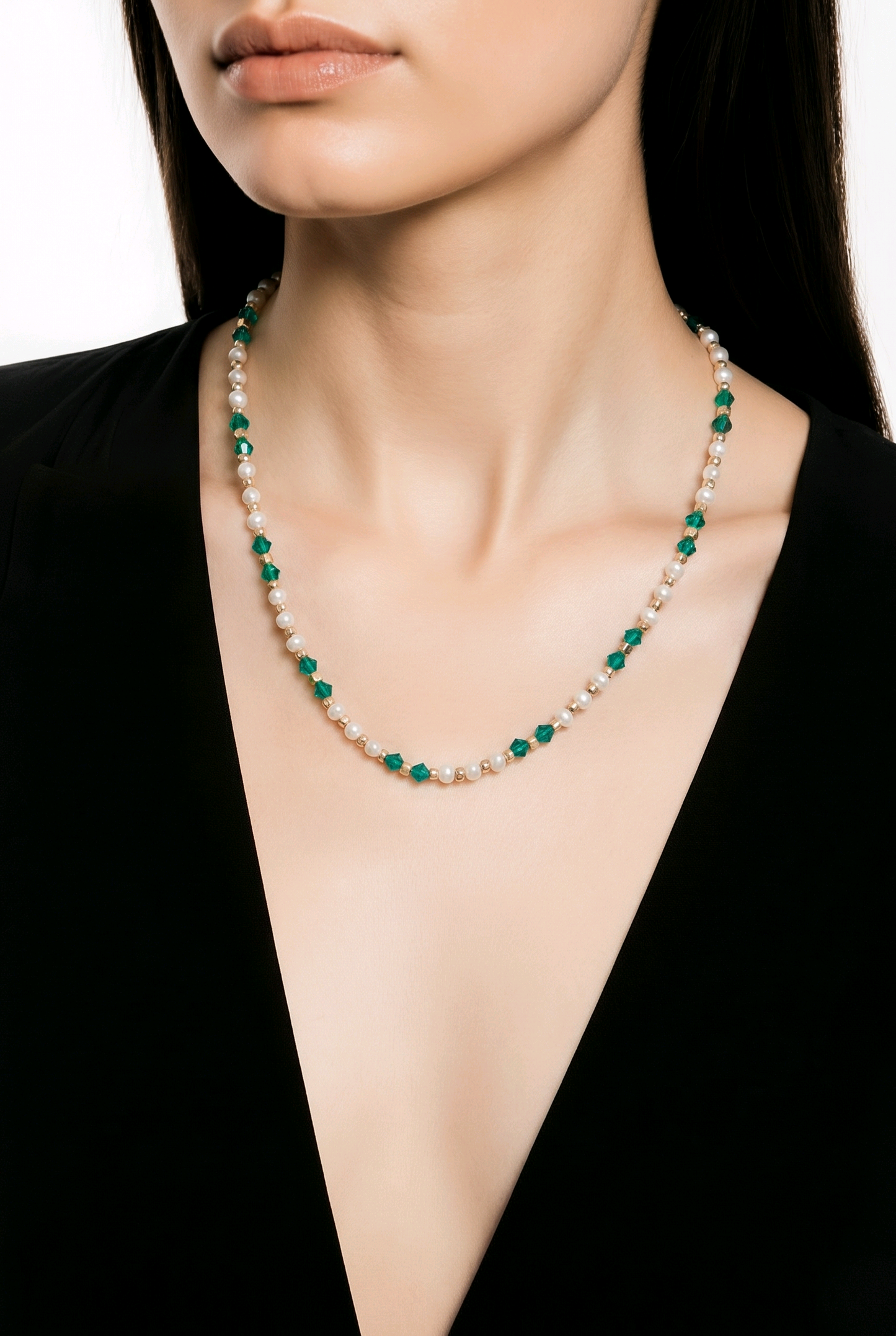 Teal emerald green, white pearls and gold beaded Necklace