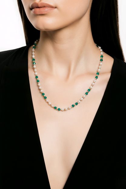 Teal emerald green, white pearls and gold beaded Necklace