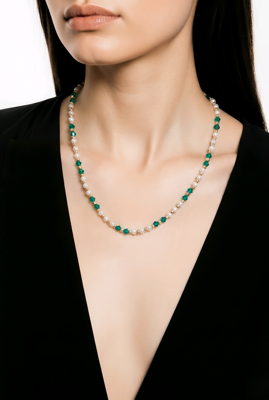 Teal emerald green, white pearls and gold beaded Necklace