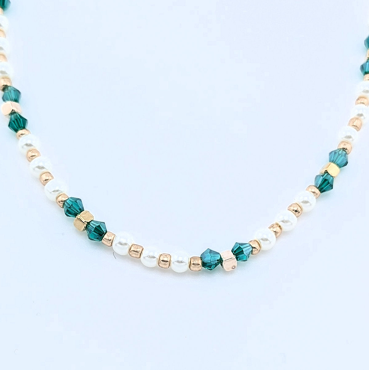 Teal emerald green, white pearls and gold beaded Necklace
