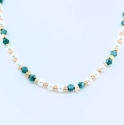 Teal emerald green, white pearls and gold beaded Necklace