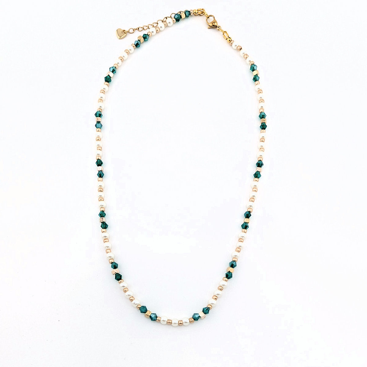 Teal emerald green, white pearls and gold beaded Necklace