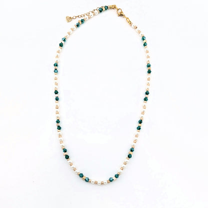 Teal emerald green, white pearls and gold beaded Necklace