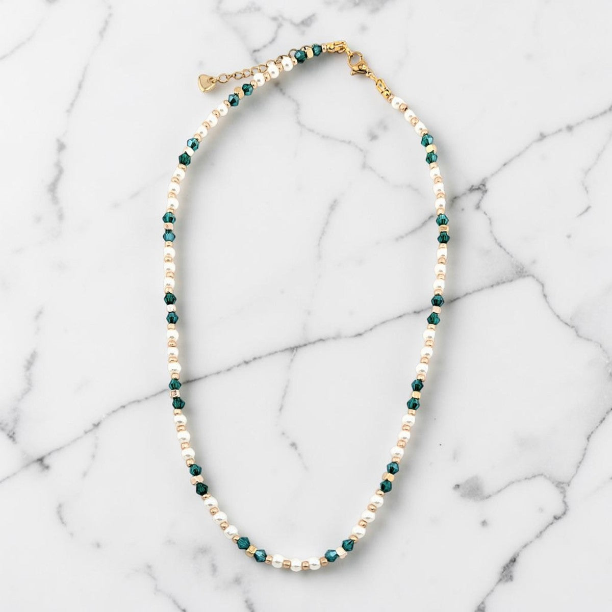 Teal emerald green, white pearls and gold beaded Necklace
