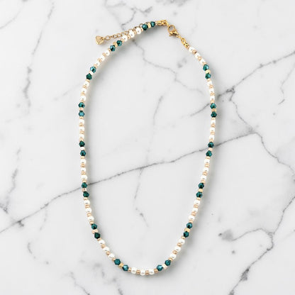 Teal emerald green, white pearls and gold beaded Necklace