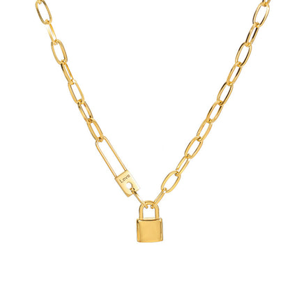 Gold chain necklace with a padlock pendant on a white background