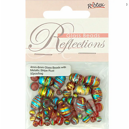 Glass Red Metallic Stripe Beads Rust Assorted sizes pack of 50x, Ribtex Sensations, Jewellery Making, Beading, Craft