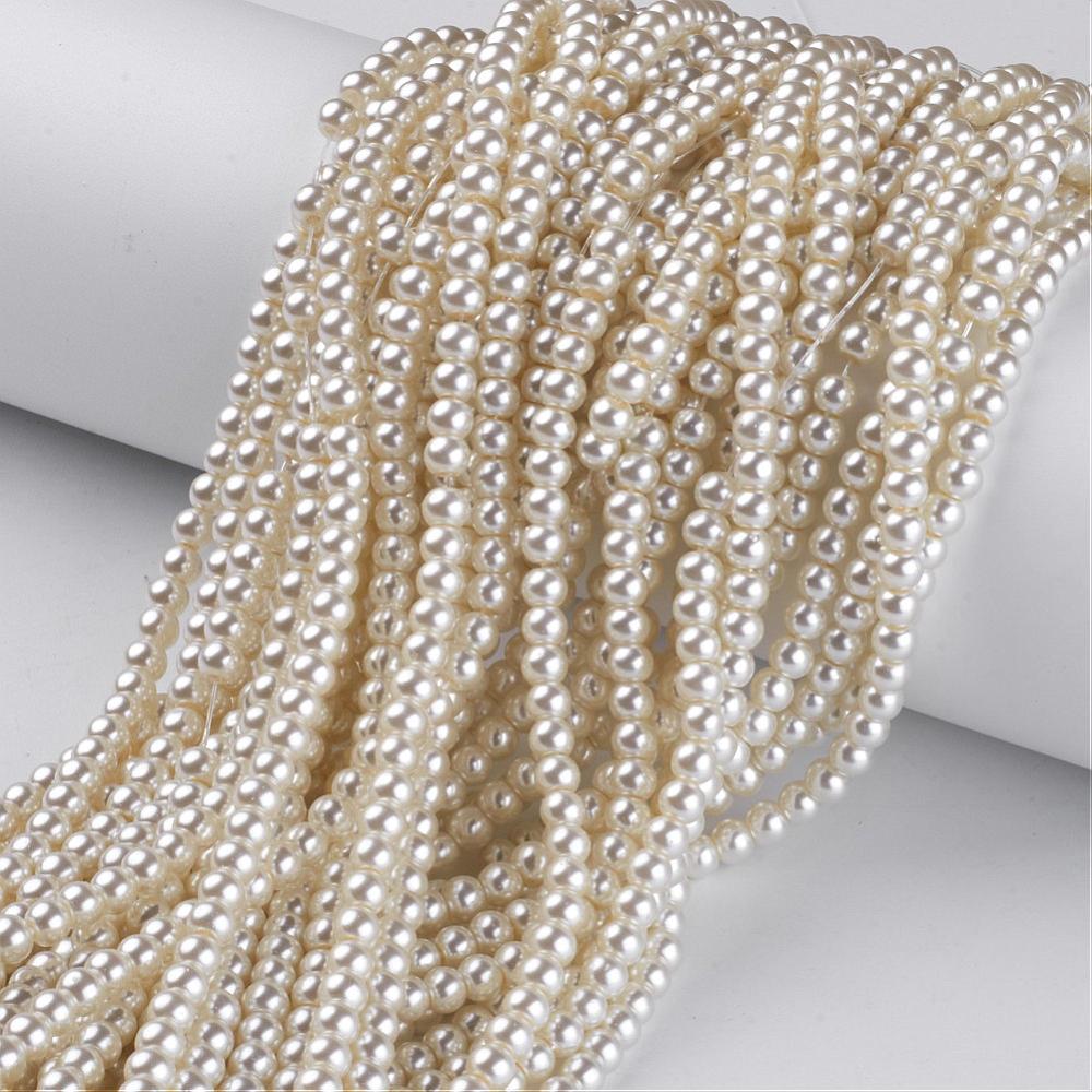 Glass Pearl Beads Round 4mm, Pearlized, 1mm hole, approx 200 per strand