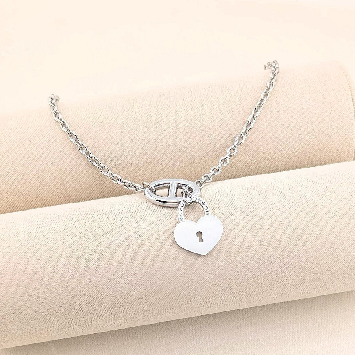 Heart Padlock Pendant Charm Necklace in stainless steel finish