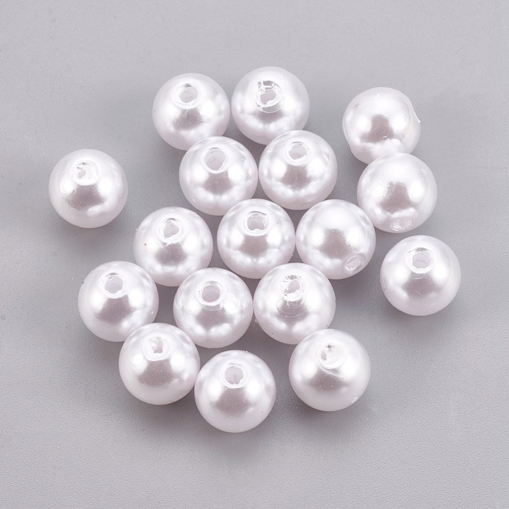 Pearl Beads White 6mm Round, Simulate Pearl, Plastic, 200x beads 2mm hole