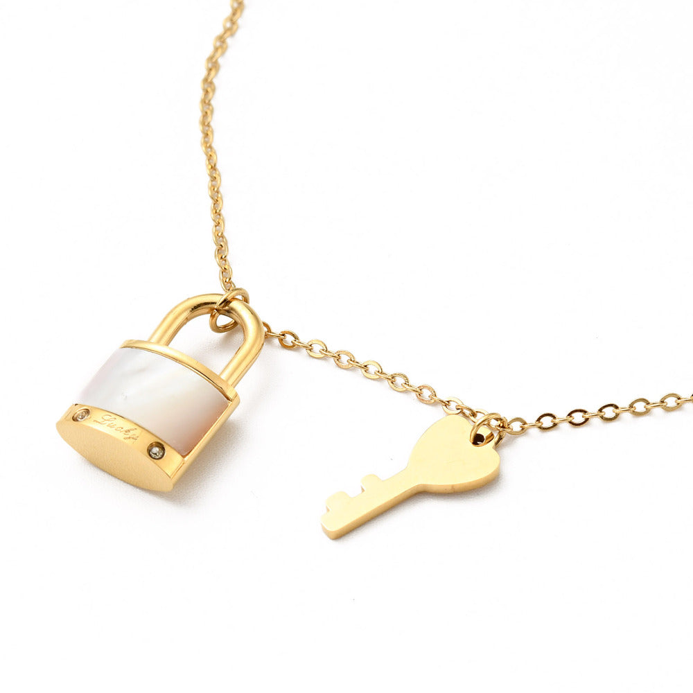 Padlock and Key Natural shell pendant Necklace, 18K Gold plated Stainless Steel
