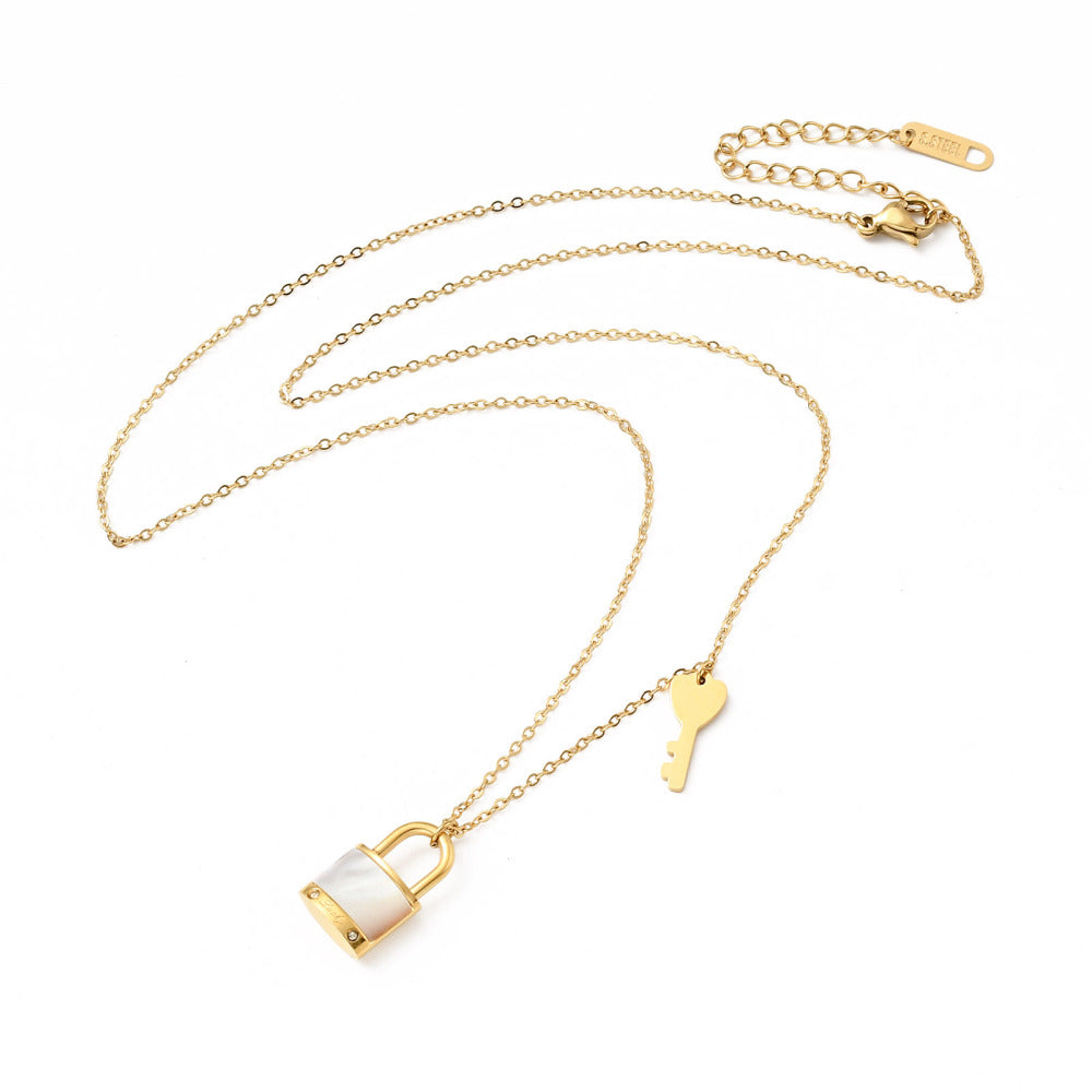 Padlock and Key Natural shell pendant Necklace, 18K Gold plated Stainless Steel