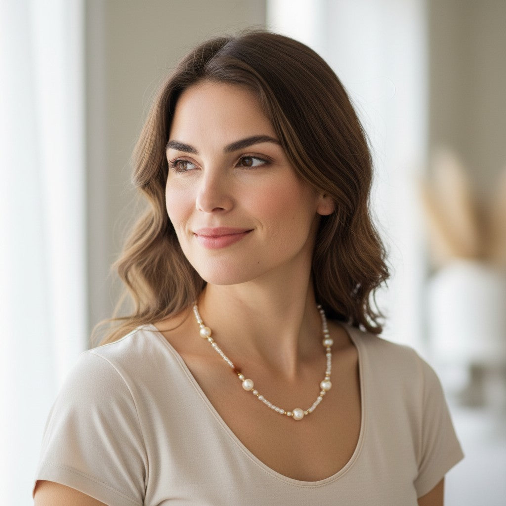 White pearls with gold accents beaded classical necklace