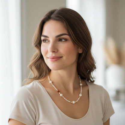 White pearls with gold accents beaded classical necklace