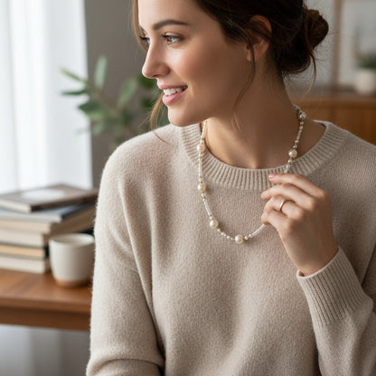 White pearls with gold accents beaded classical necklace