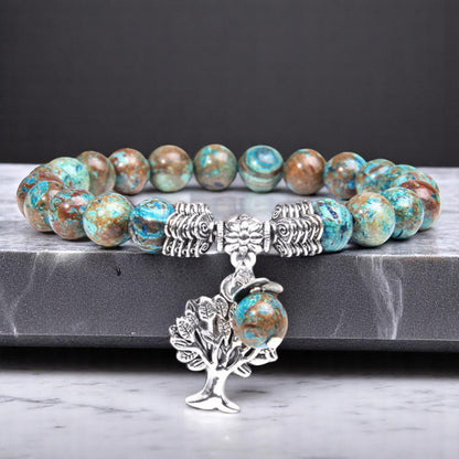 Natural Imperial Jasper Beaded Stretch Bracelet with Alloy Tree of Life Charm