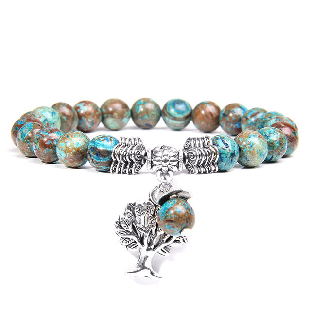Natural Imperial Jasper Beaded Stretch Bracelet with Alloy Tree of Life Charm