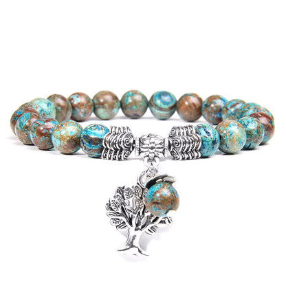 Natural Imperial Jasper Beaded Stretch Bracelet with Alloy Tree of Life Charm