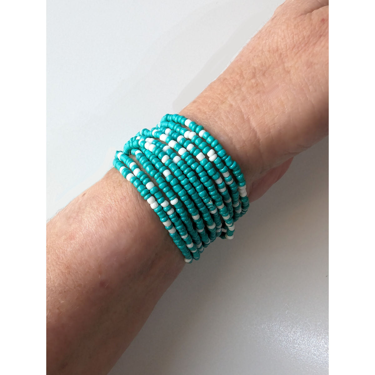 Seed Bead Bracelets, Stretch, Pack of 5 or 10, Jade Green and white beads, Ready to Wear Handmade Jewellery
