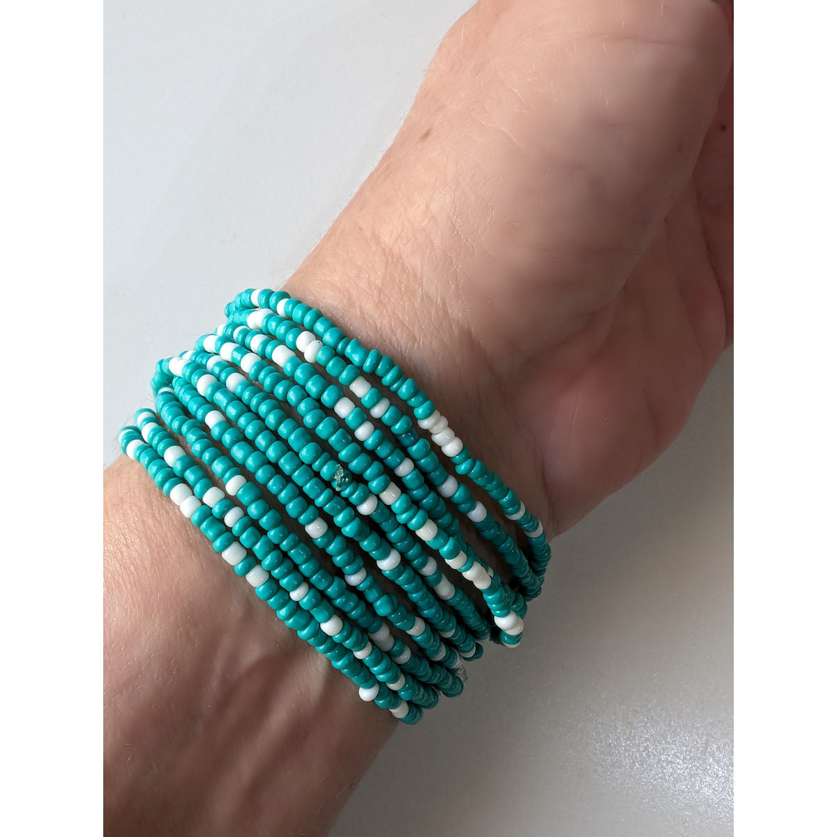 Seed Bead Bracelets, Stretch, Pack of 5 or 10, Jade Green and white beads, Ready to Wear Handmade Jewellery