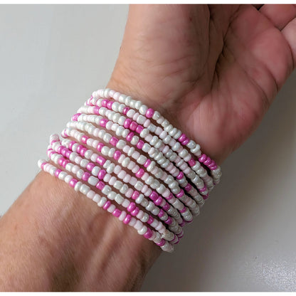 Pink & White Seed Bead Bracelets, Stretch, Multi Pack of 5 or 10, glass beads, Ready to Wear Handmade Jewellery