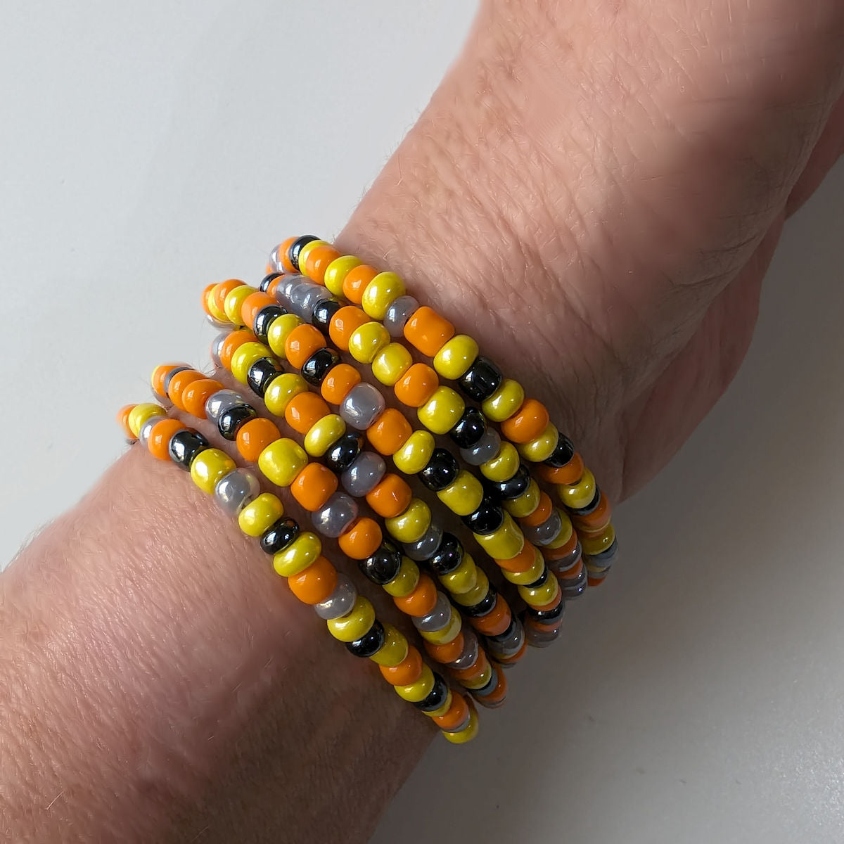 Orange & Yellow Seed Bead Bracelets, Stretch, Multi Pack of 5, glass beads, Ready to Wear Handmade Jewellery