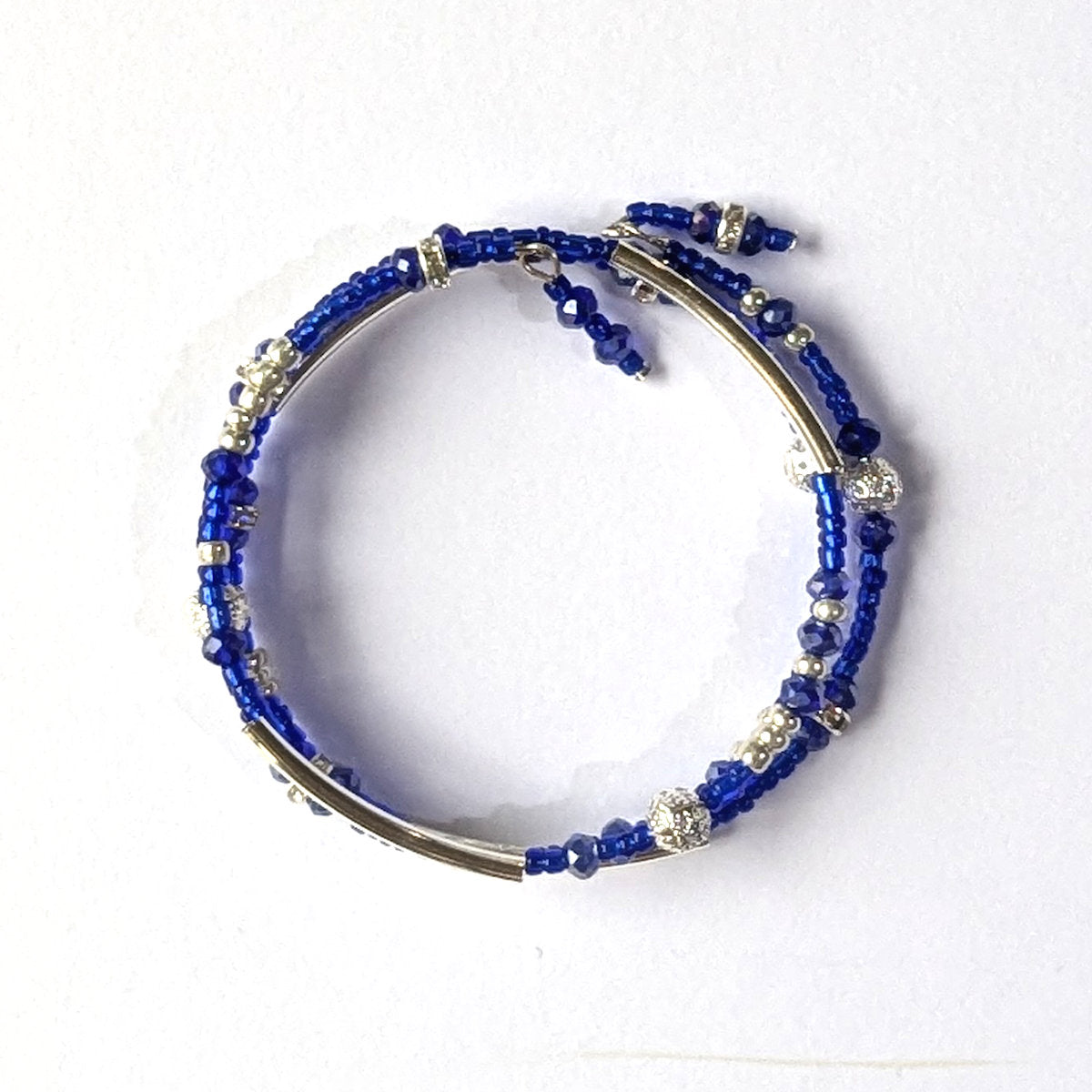 Blue Bead Bracelet with Silver accents, triple coil layers, memory wire
