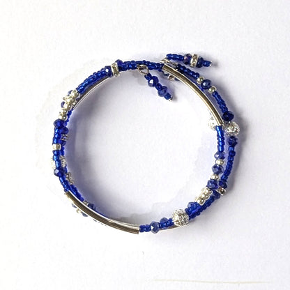 Blue Bead Bracelet with Silver accents, triple coil layers, memory wire